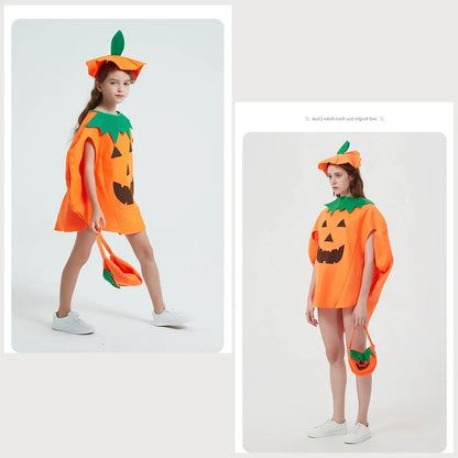 Adult Kids Anime Pumpkin Costume Suits Dress with Hat and Bag Carnival Purim Halloween Party Cosplay Costumes Dress Up Gift