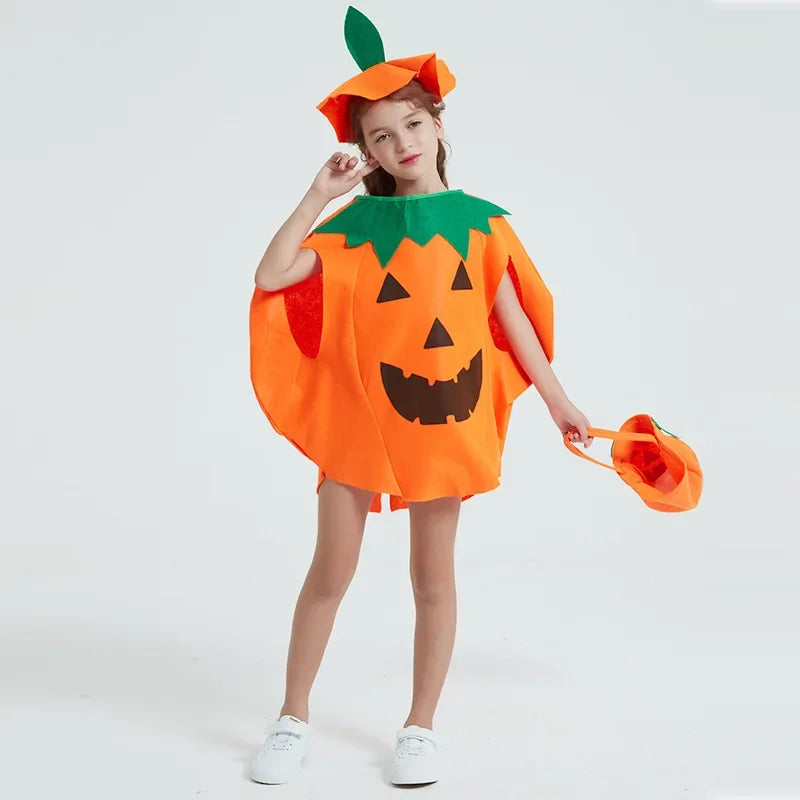 Adult Kids Anime Pumpkin Costume Suits Dress with Hat and Bag Carnival Purim Halloween Party Cosplay Costumes Dress Up Gift