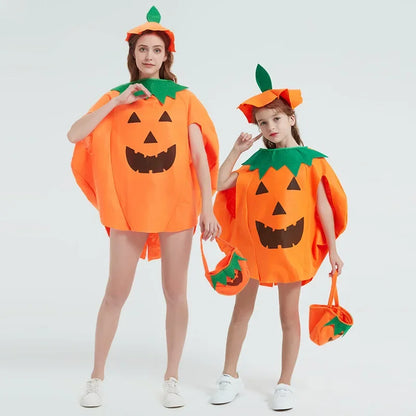 Adult Kids Anime Pumpkin Costume Suits Dress with Hat and Bag Carnival Purim Halloween Party Cosplay Costumes Dress Up Gift