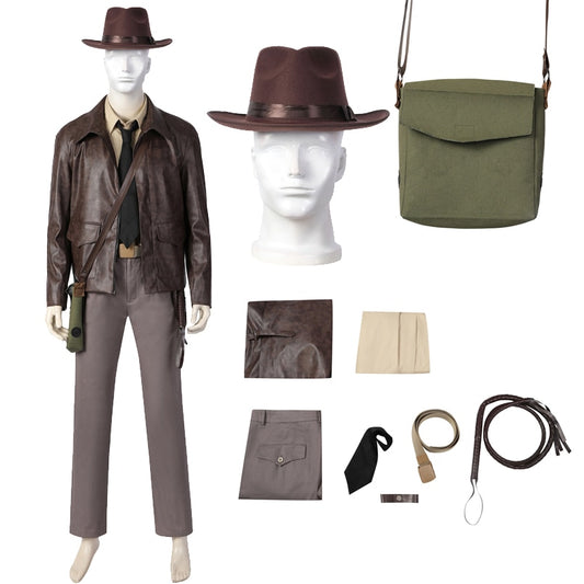 Adult Men Carnival Halloween Costume Indy 5 Indiana Jones Cosplay Outfit with Faux Leather Jacket Customizable