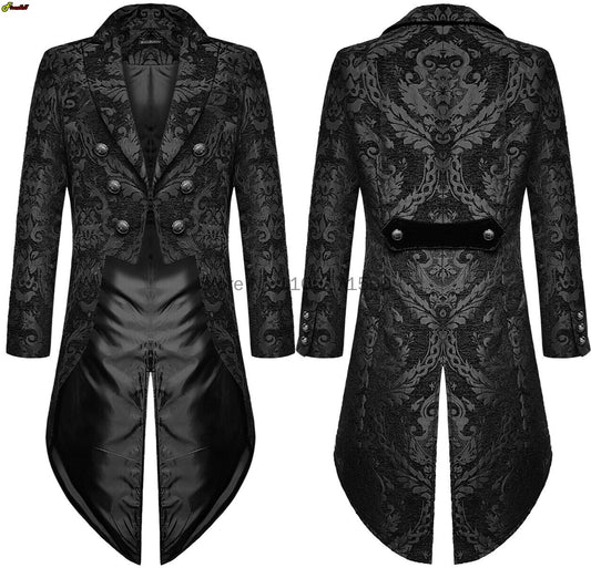 Adult Men Medieval Cosplay Black Jackets Devil Fashion Gothic Steampunk Tailcoat Costume Black Brocade Damask Wedding Halloween