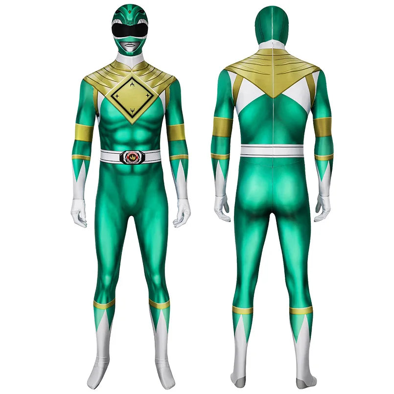 Adult Ranger Superheroes Tommy Green Ranger Jumpsuit Cosplay Costume Halloween Masquerade Bodysuit With Mask