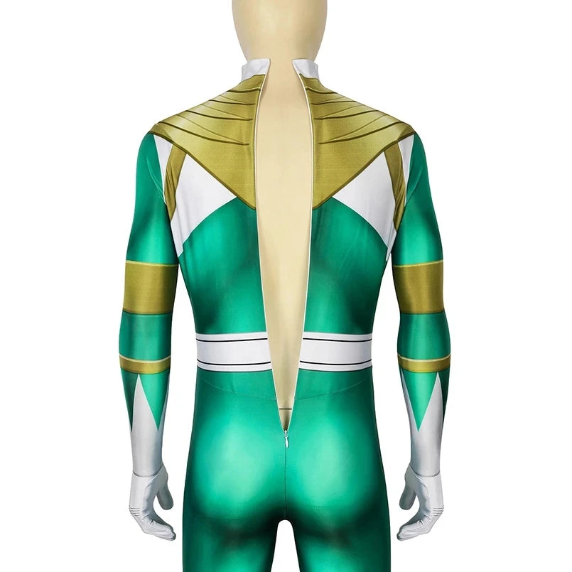 Adult Ranger Superheroes Tommy Green Ranger Jumpsuit Cosplay Costume Halloween Masquerade Bodysuit With Mask