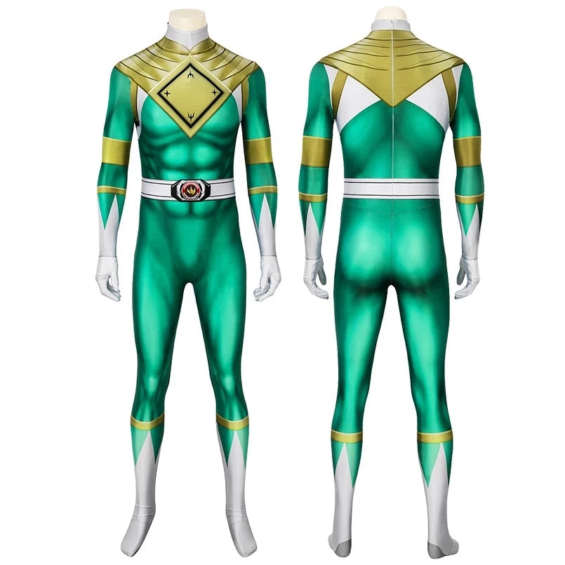 Adult Ranger Superheroes Tommy Green Ranger Jumpsuit Cosplay Costume Halloween Masquerade Bodysuit With Mask