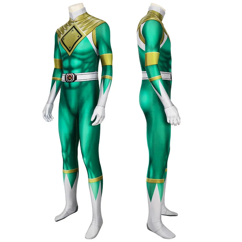 Adult Ranger Superheroes Tommy Green Ranger Jumpsuit Cosplay Costume Halloween Masquerade Bodysuit With Mask