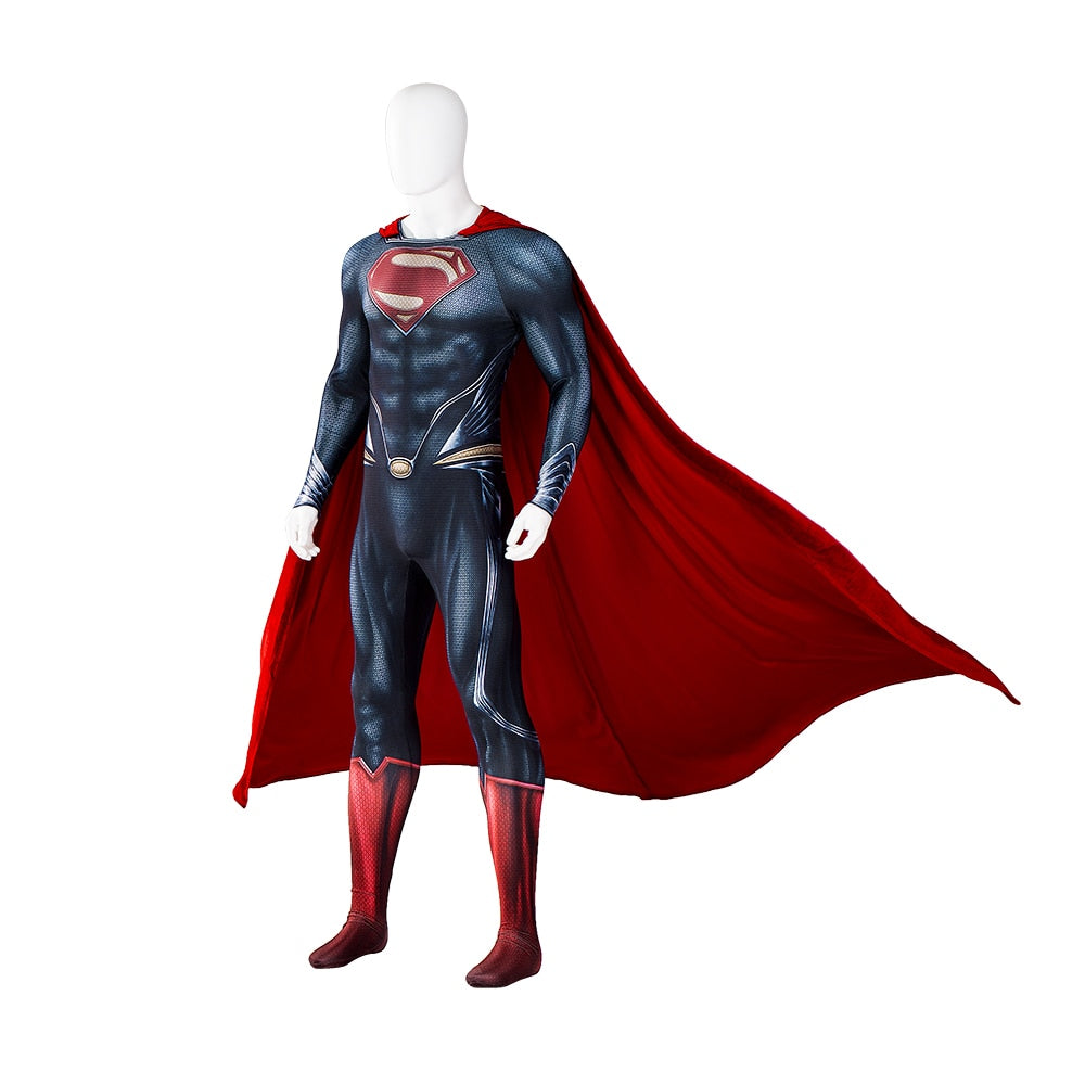 Adult Superhero Steel Man Cosplay Custom Made Clark Kent Printing Jumpsuit Halloween Hero Costume Red Velvet Cloak