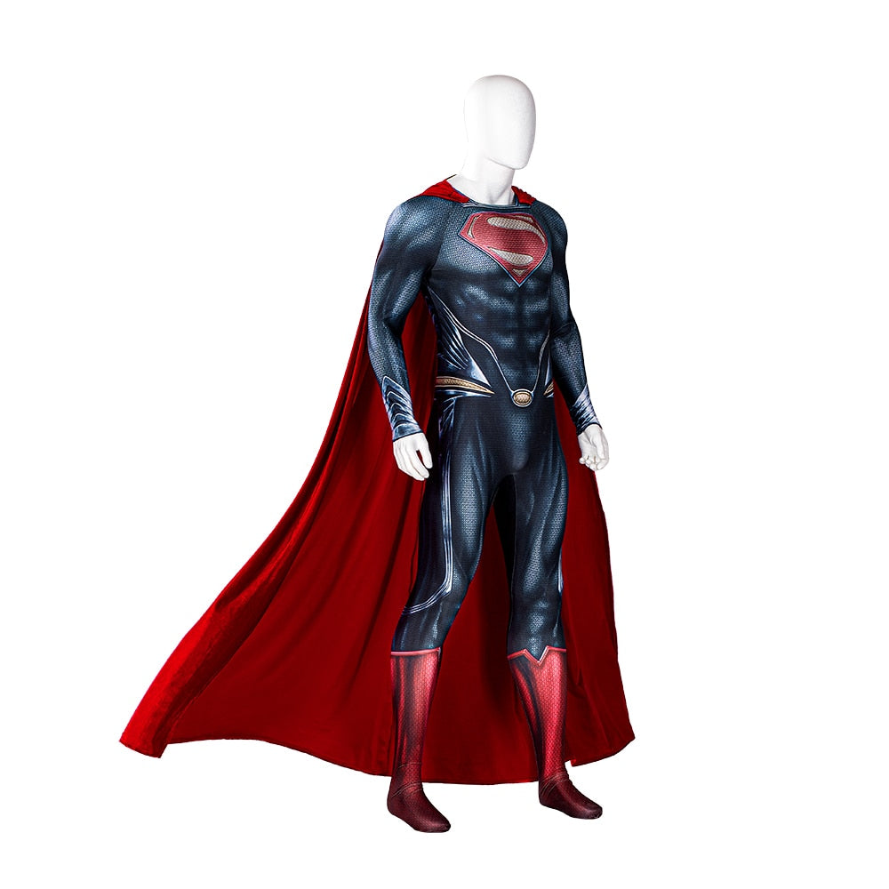 Adult Superhero Steel Man Cosplay Custom Made Clark Kent Printing Jumpsuit Halloween Hero Costume Red Velvet Cloak