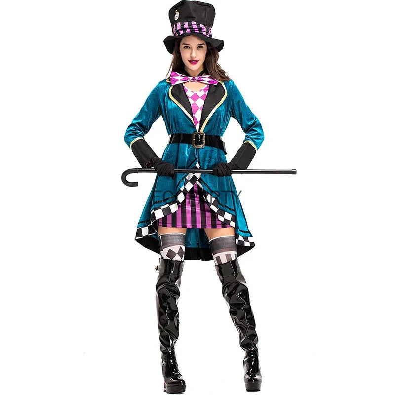 Adult Women Miss Mad Hatter Fancy Dress Halloween Gothic Deluxe Ladies Cosplay Fancy Dress with Hat Suit 40