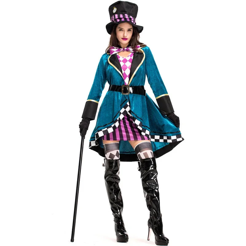 Adult Women Miss Mad Hatter Fancy Dress Halloween Gothic Deluxe Ladies Cosplay Fancy Dress with Hat Suit 40