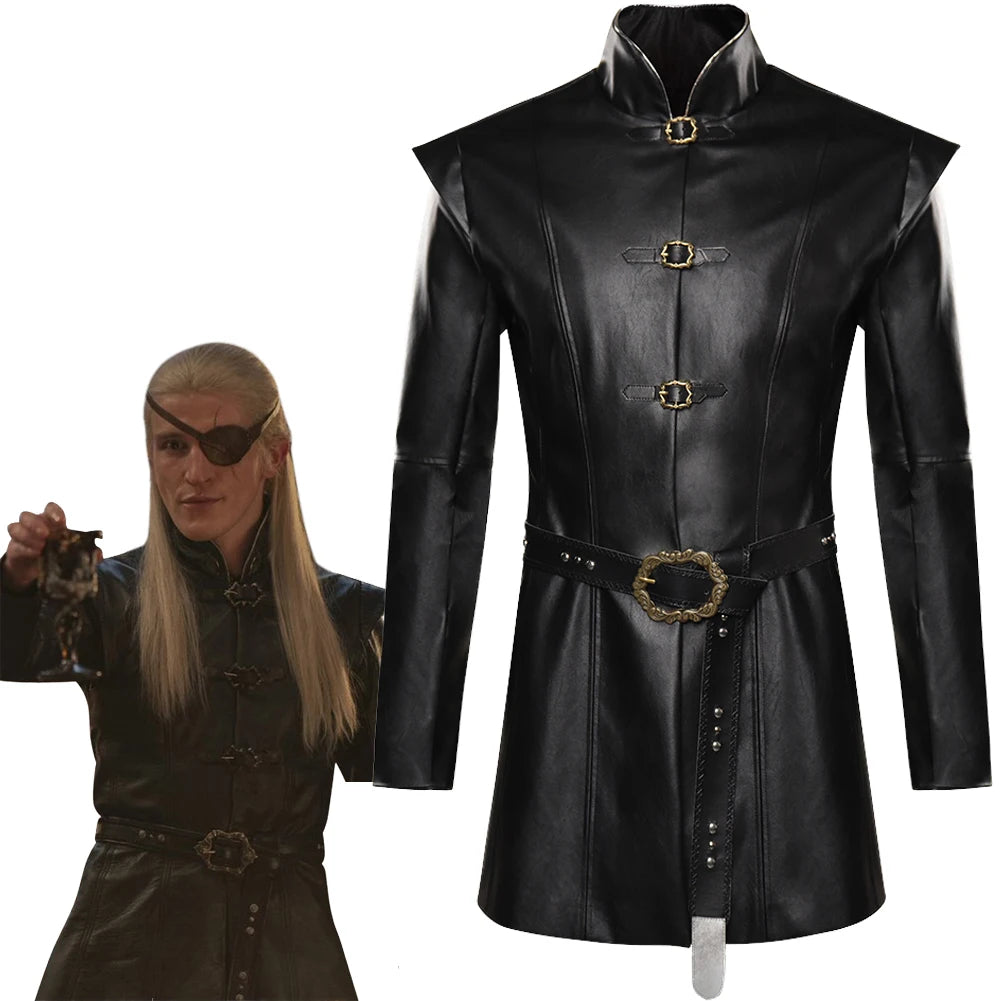 Aemond Black Leather Jacket Coat Fantasy Cosplay Costume for Men Role Play and Halloween