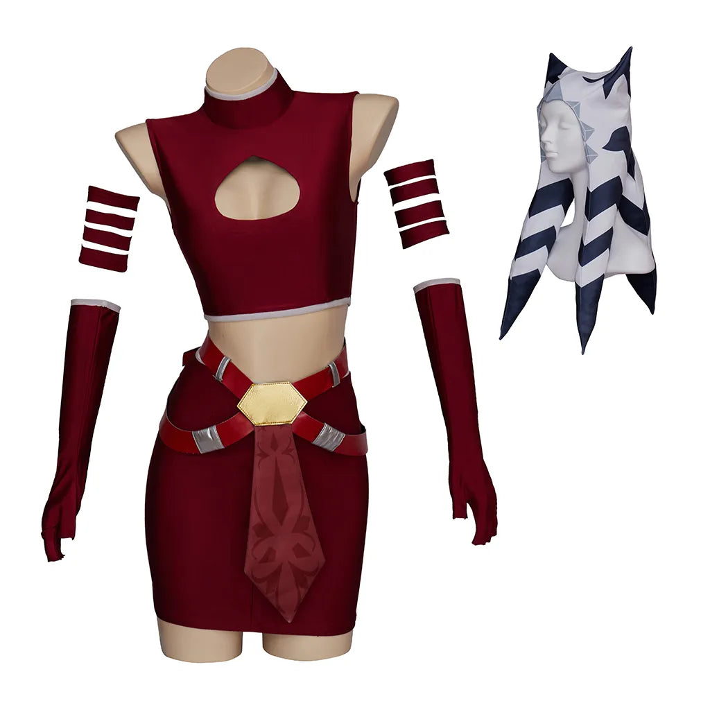 Ahsoka Cosplay Tano Costume Women's Sexy  Red Top and Skirt Halloween Carnival Role Play Outfits with Headpiece Hat