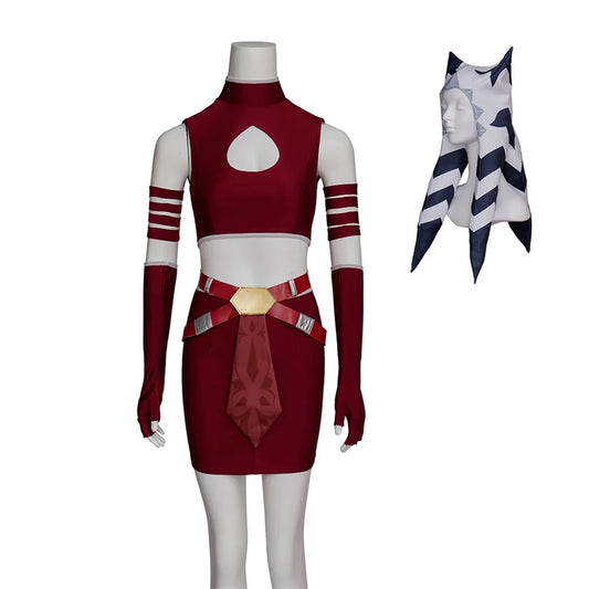 Ahsoka Tano Cosplay Costume Women Red Openwork Sleeveless Crop Top Mini Skirt Suits with Hat Halloween Carnival Party Outfits