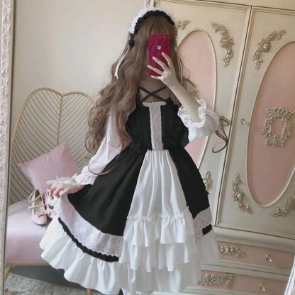 Alice In Wondeland Cute Women Lolita OP Dress Flouncing Lace Trim Japanese Harajuku Long Sleeves Doll Teen Dress Fairy Vestidos