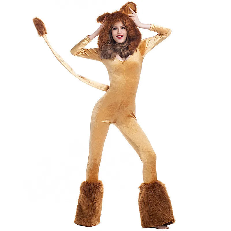 Animal Cartoon Lion Plush Hooded Jumpsuit With Tail+Leg Cover  Halloween Costume For Adult Women Lion King Cosplay