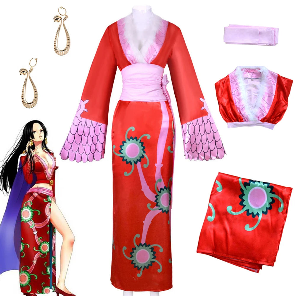 Anime Boa Hancock Cosplay Costume Women Sexy Empire Red Kimono Top Skirt Belt Suit Halloween Party Outfit Carnival