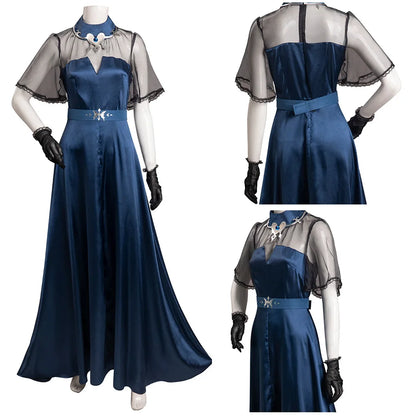 Anime Lenore Cosplay Costume Long Blue Dress with Sheer Sleeves for Halloween and Carnival