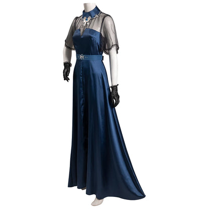 Anime Lenore Cosplay Costume Long Blue Dress with Sheer Sleeves for Halloween and Carnival