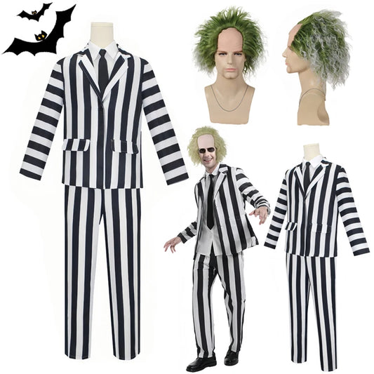 Anime Cosplay Beetle Juicee Men Black and White Striped Suit Scary Halloween Costumes Wig Tie Shirt for Cosplay Party