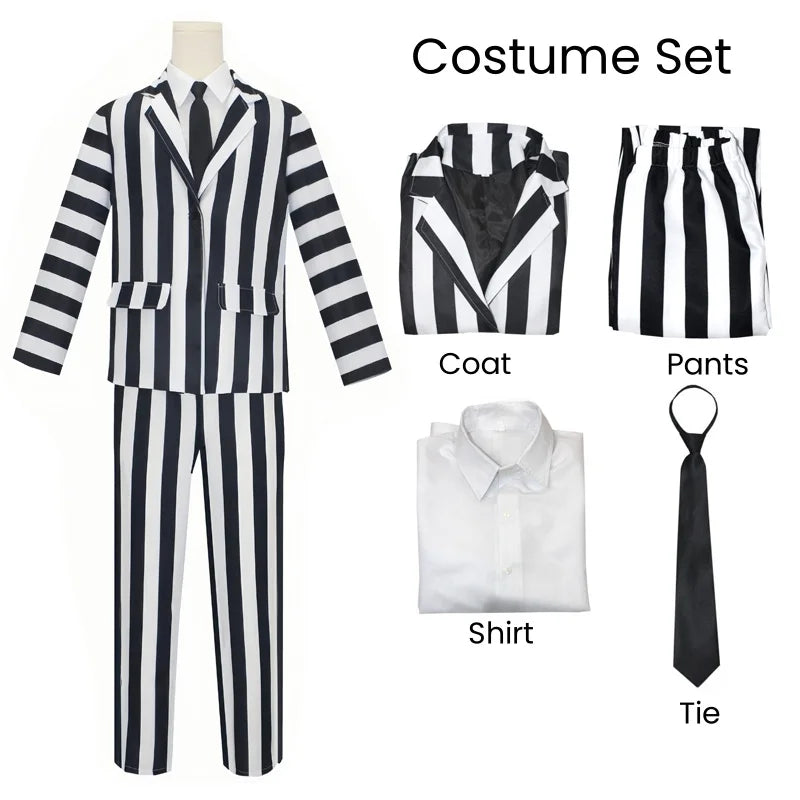 Anime Cosplay Beetle Juicee Men Black and White Striped Suit Scary Halloween Costumes Wig Tie Shirt for Cosplay Party