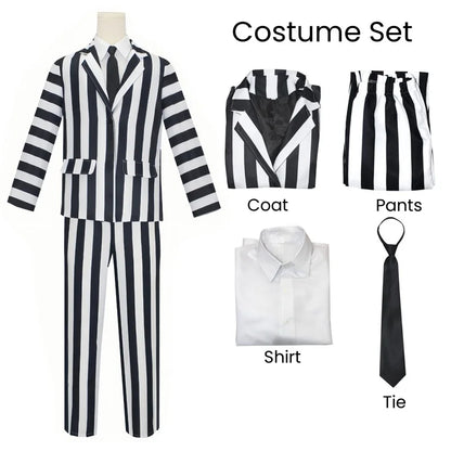 Anime Cosplay Beetle Juicee Men Black and White Striped Suit Scary Halloween Costumes Wig Tie Shirt for Cosplay Party