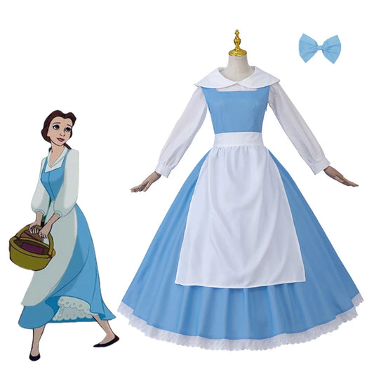 Anime Cosplay Princess Costume Belle Blue Maid Dress for Adult Women Village Party Outfits Halloween Carnival Ball Gown with Bow