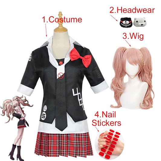 Anime Danganronpa Cosplay Costume Enoshima Junko Uniform Cafe Work Clothes Short Skirt Double Tail Braid Wig