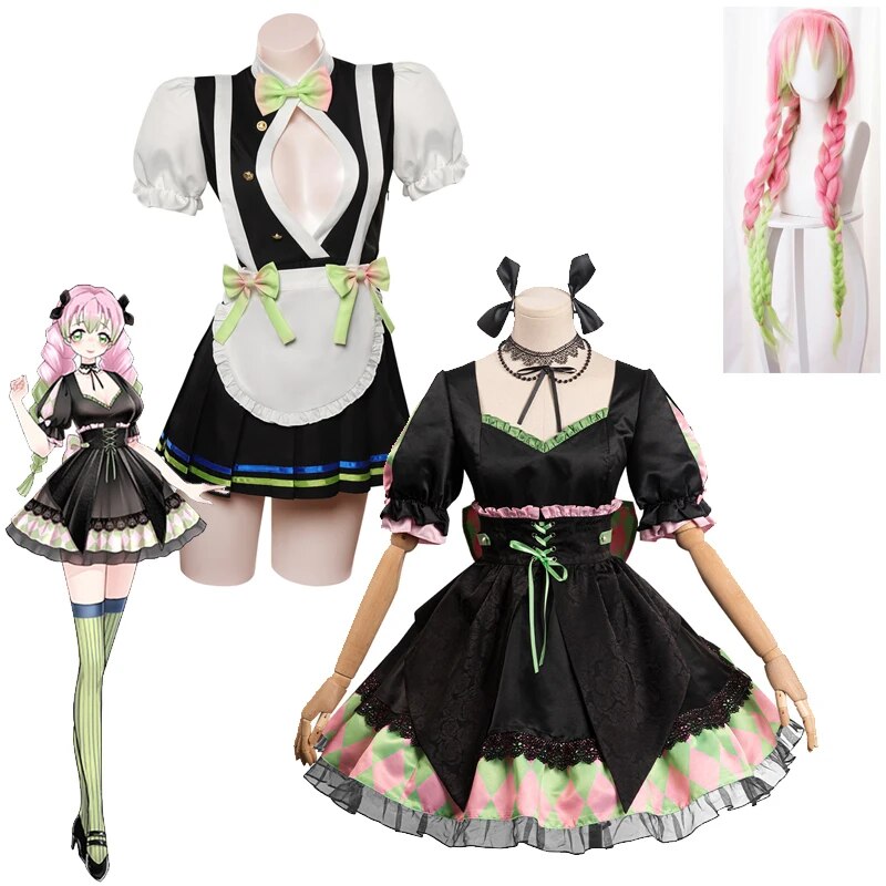 Anime Demon Slayer Kanroji Mitsuri Cosplay Costume Girls Gothic Lolita Maid Dress Maid Costume Girls Outfits Halloween Costume