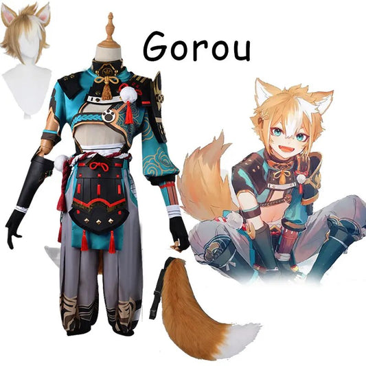 Anime Game Genshin Impact Gorou Cosplay Costume Men Blue Fox Boy Man Carnival Halloween Wig Tail Set