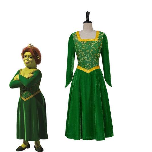 Anime Princess Fiona Cosplay Costume Adult Women Green Velvet Square Collar Fancy Dress Halloween Carnival Theme Party Ball Gown