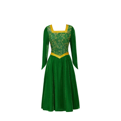 Anime Princess Fiona Cosplay Costume Adult Women Green Velvet Square Collar Fancy Dress Halloween Carnival Theme Party Ball Gown