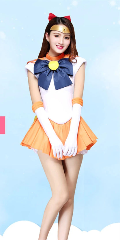 Anime Sailor Minako Aino  Sailor Venus Cosplay Costume Custom Made Dress Bows Headband Gloves Hairpin for Kids Adult Plus Size