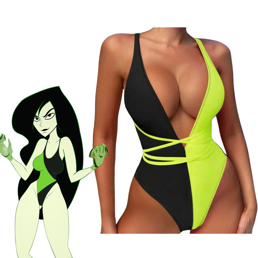 Anime Shego Cosplay Swimsuit Women Sexy Deep V Lace Up Bodysuit Beach Bathing Suit Halloween Carnival Pool Party Bikini Swimwear