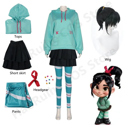 Anime Vanellope Cosplay Costume Hoodies Skirt Wig Uniform Suit Girl Women Halloween Performance Clothing