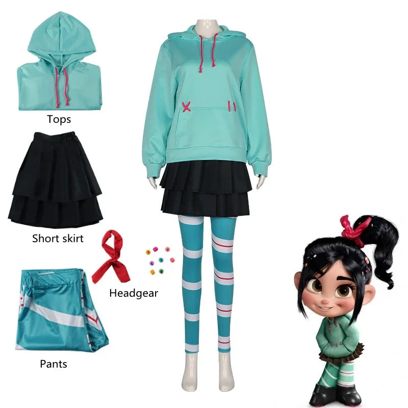 Anime Vanellope Cosplay Costume Hoodies Skirt Wig Uniform Suit Girl Women Halloween Performance Clothing