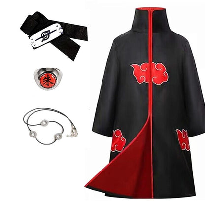 Anime Costume Cape Dawn Organization Cape Embroidered Red Cloud Cartoon Pattern Robe Halloween Cosplay Necklace with Ring Access