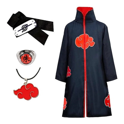 Anime Costume Cape Dawn Organization Cape Embroidered Red Cloud Cartoon Pattern Robe Halloween Cosplay Necklace with Ring Access