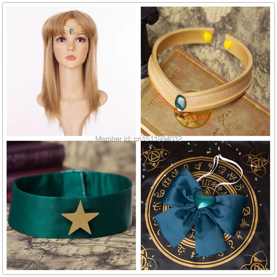 Athemis Sailor Kaiou Michiru Sailor Neptune SuperS Anime Cosplay Costume Dress Gloves Brooch Headband Bows Custom Made