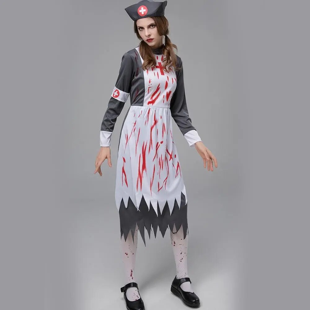 Autumn  Women's Mid Length Dress Dark Gloss Halloween Costume Horror Zombie Vampire Nurse Game Role Playing Show Makeup Room