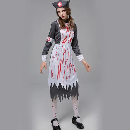 Autumn  Women's Mid Length Dress Dark Gloss Halloween Costume Horror Zombie Vampire Nurse Game Role Playing Show Makeup Room