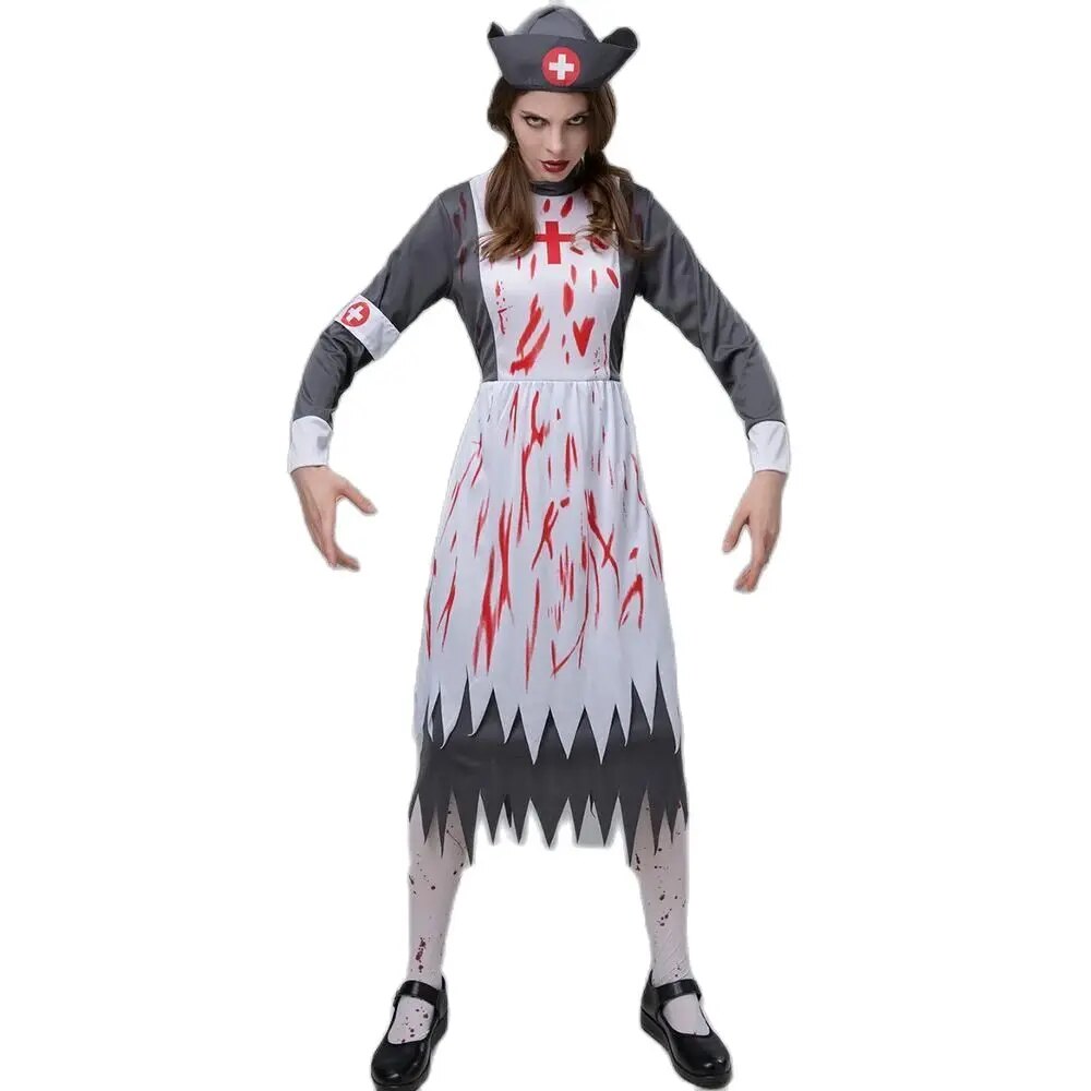 Autumn  Women's Mid Length Dress Dark Gloss Halloween Costume Horror Zombie Vampire Nurse Game Role Playing Show Makeup Room