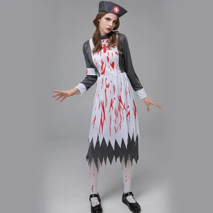 Autumn  Women's Mid Length Dress Dark Gloss Halloween Costume Horror Zombie Vampire Nurse Game Role Playing Show Makeup Room