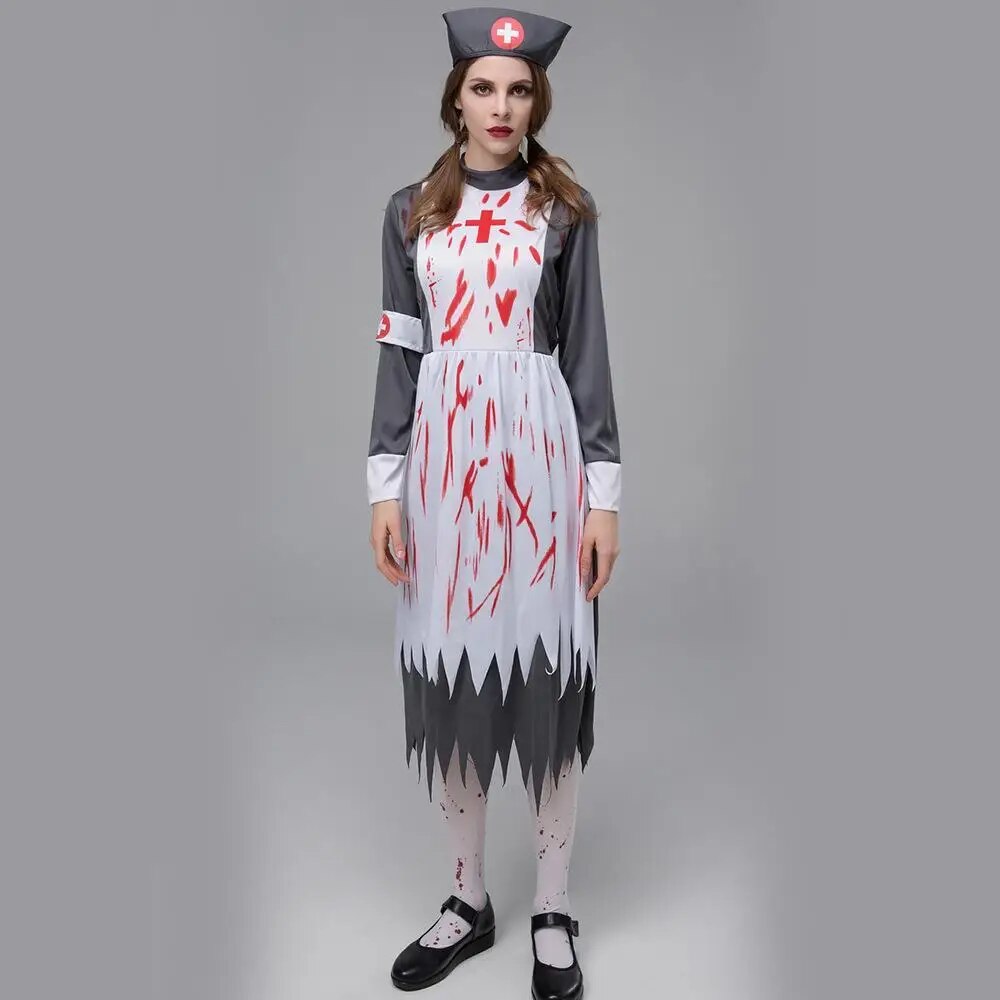 Autumn  Women's Mid Length Dress Dark Gloss Halloween Costume Horror Zombie Vampire Nurse Game Role Playing Show Makeup Room