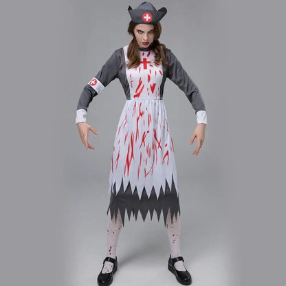 Autumn  Women's Mid Length Dress Dark Gloss Halloween Costume Horror Zombie Vampire Nurse Game Role Playing Show Makeup Room