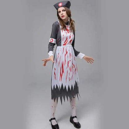 Autumn  Women's Mid Length Dress Dark Gloss Halloween Costume Horror Zombie Vampire Nurse Game Role Playing Show Makeup Room