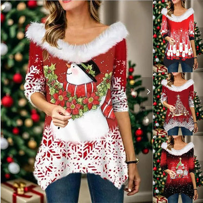 Autumn/Winter  New Christmas Printing T-Shirt Fashion Fur Collar Panel Irregular Top Sexy Loose Casual Women's Wear