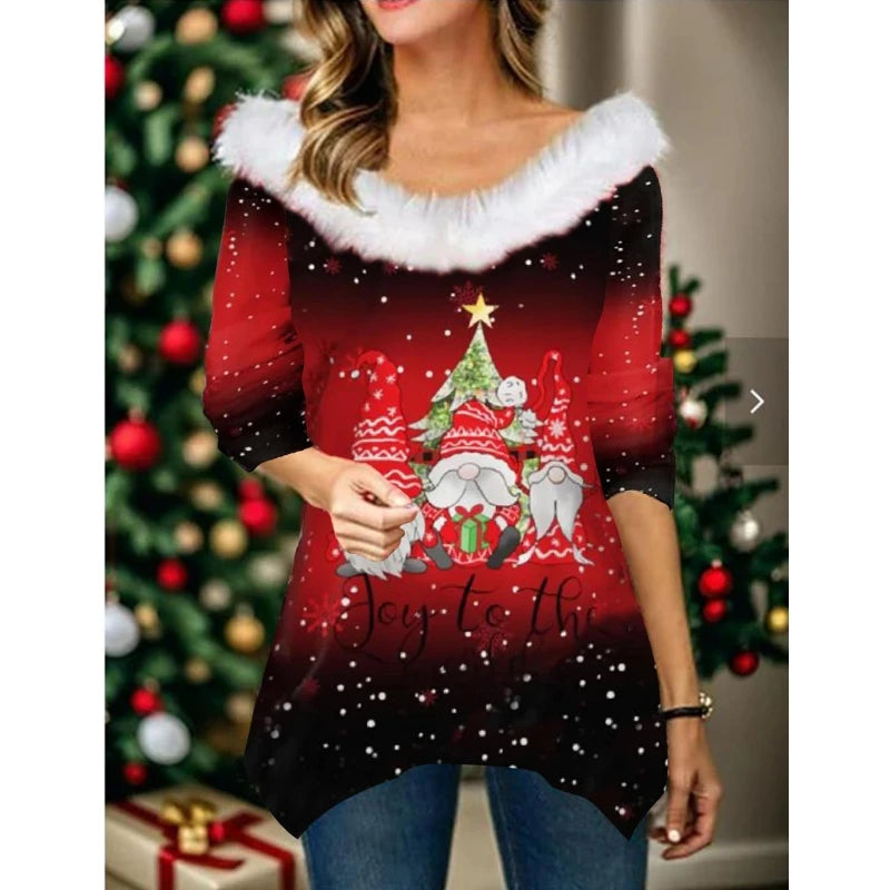 Autumn/Winter  New Christmas Printing T-Shirt Fashion Fur Collar Panel Irregular Top Sexy Loose Casual Women's Wear