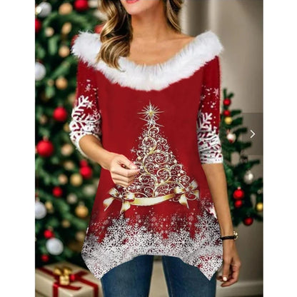 Autumn/Winter  New Christmas Printing T-Shirt Fashion Fur Collar Panel Irregular Top Sexy Loose Casual Women's Wear