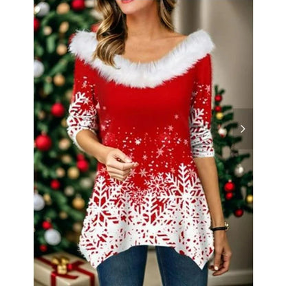 Autumn/Winter  New Christmas Printing T-Shirt Fashion Fur Collar Panel Irregular Top Sexy Loose Casual Women's Wear