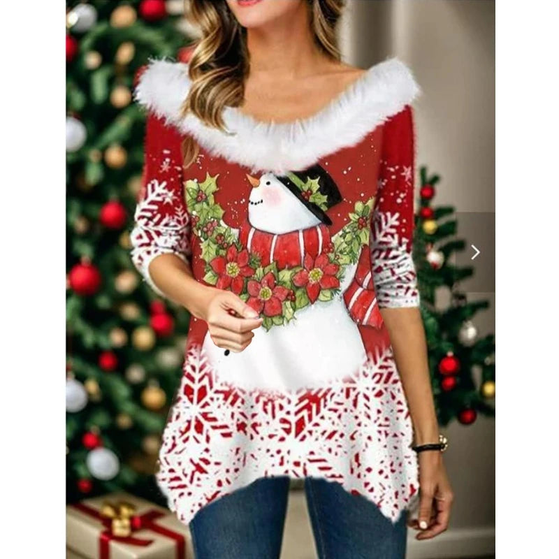 Autumn/Winter  New Christmas Printing T-Shirt Fashion Fur Collar Panel Irregular Top Sexy Loose Casual Women's Wear