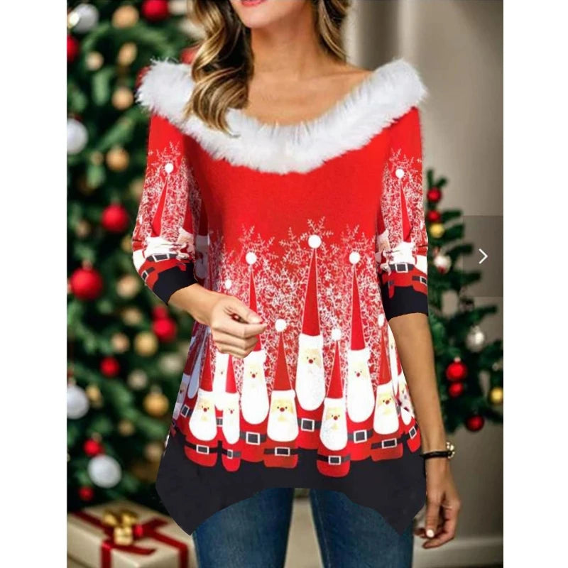 Autumn/Winter  New Christmas Printing T-Shirt Fashion Fur Collar Panel Irregular Top Sexy Loose Casual Women's Wear